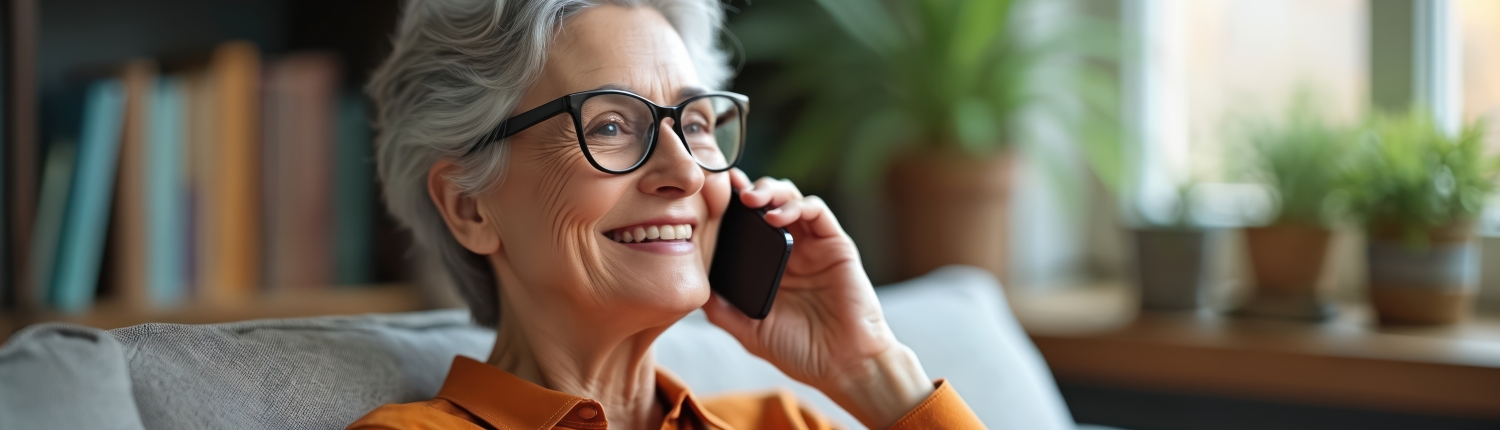 Happy mature woman in glasses communicates using smartphone, sitting on sofa at home. Senior citizen listens during mobile phone conversation in living room, using modern device.